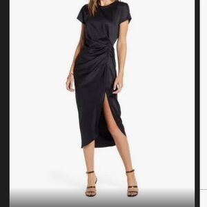 Something Navy Draped Midi Black Satin Dress- Size Xs